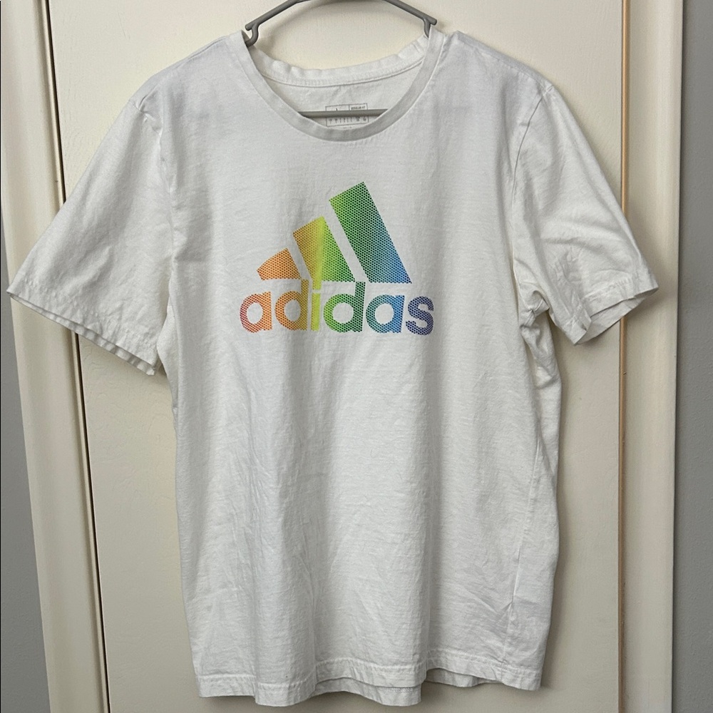 Adidas White Tee with Multicolor Logo